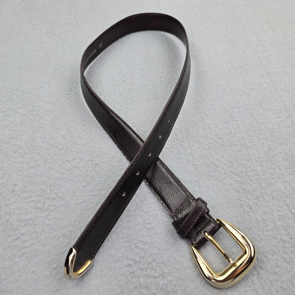 Womens M Brown Leather Lizard Embossed Pattern Gold Buckle Fashion Waist Belt